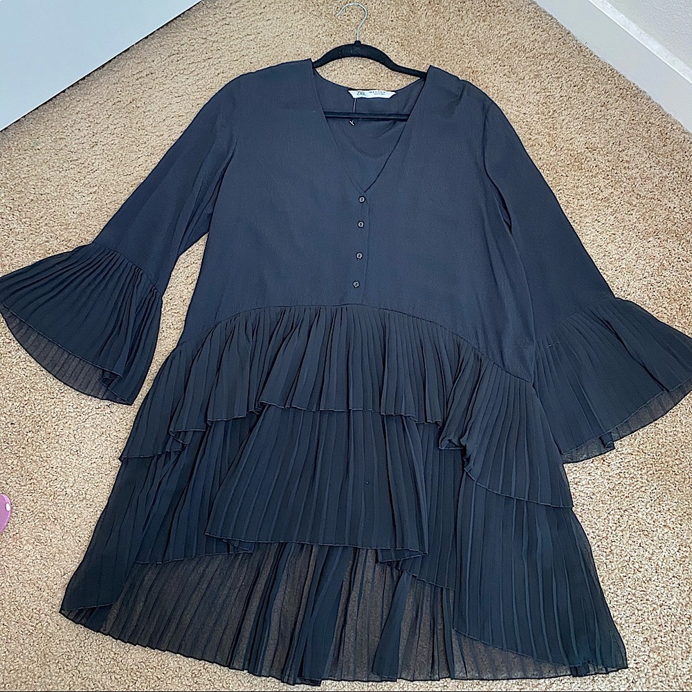 ZARA BLACK PLEATED MIXED MEDIA TUNIC MED